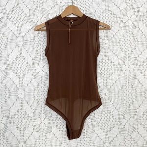 SKIMS Sheer Summer Mesh Sleeveless Mock Neck Brown Jasper Thong Bodysuit XL NWT
